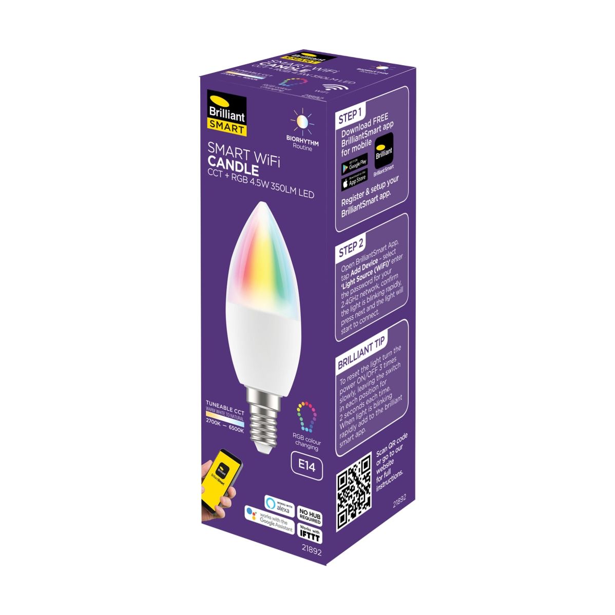 Brillant LED C37 Smart WiFi LED RGB and CCT Biorhythm Globe Screw E14