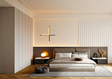 A modern and minimalist bedroom using layered lighting