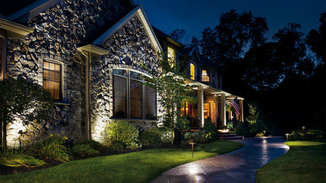 outdoor garden with lights on driveway