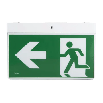 3A Lighting Emergency exit sign with arrow pointing left and running person symbol on a white background