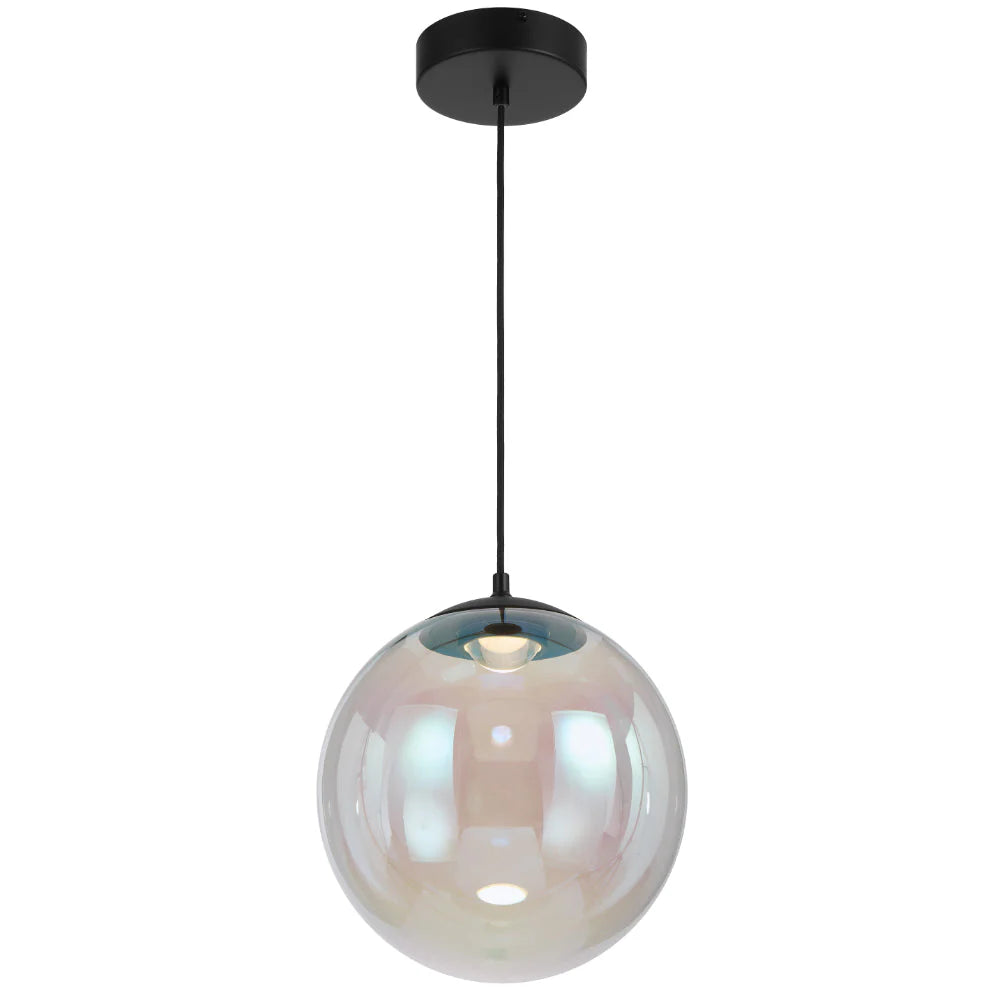 Telbix Aurora 30 cm Pendant – rainbow-tinted opal glass sphere suspended from black iron fixture