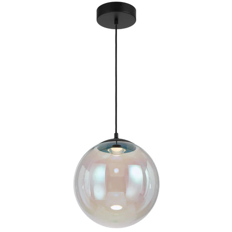 Telbix Aurora 30 cm Pendant – rainbow-tinted opal glass sphere suspended from black iron fixture