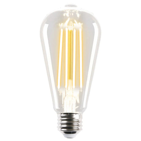 Vintage-style Warm white ST64 LED bulb with E27 base from Mercatorwith clear glass and visible filament on a white background
