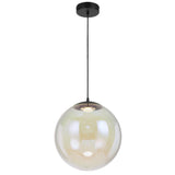 Front view of the Aurora 40 cm pendant in black with a glass sphere and integrated LED