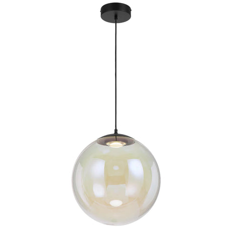 Front view of the Aurora 40 cm pendant in black with a glass sphere and integrated LED