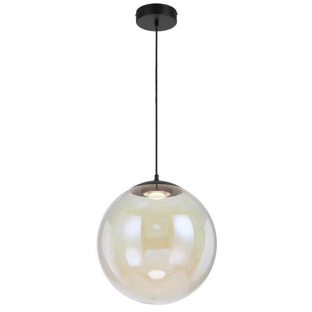 Front view of the Aurora 40 cm pendant in black with a glass sphere and integrated LED