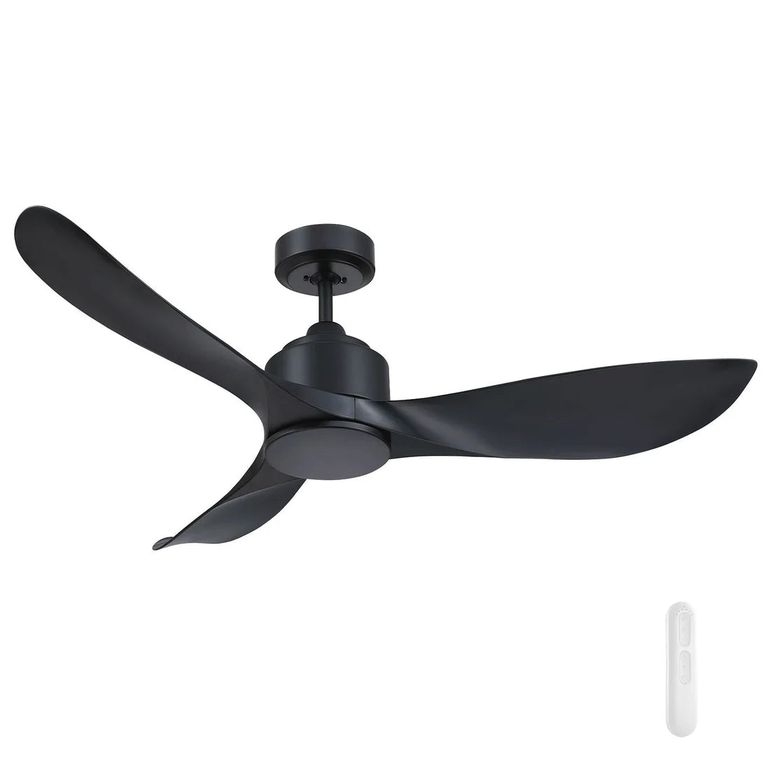 Black ceiling fan Mercator Eagle Lite DC ceiling fan with sleek modern design with remote control on a white background