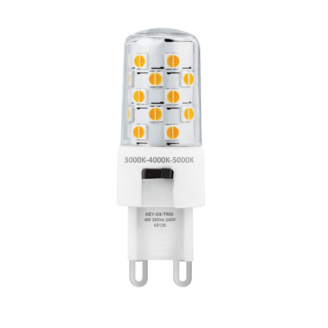 Domus KEY G9 4W 240V tricolour dimmable LED bulb with CRI90 with G9 base on a white background
