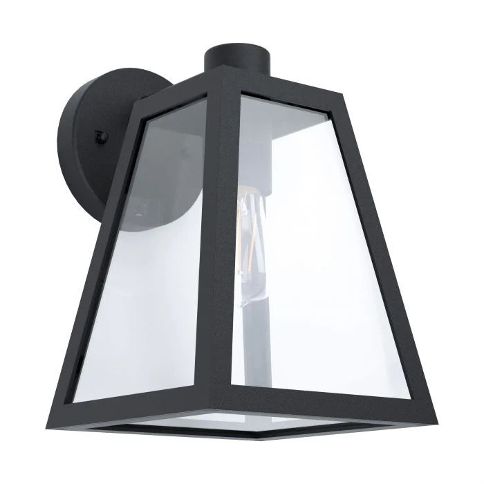 Black outdoor wall light fixture Eglo MIRANDOLA Modern Minimalist Design with clear glass on a white background