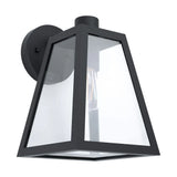 Black outdoor wall light fixture Eglo MIRANDOLA Modern Minimalist Design with clear glass on a white background