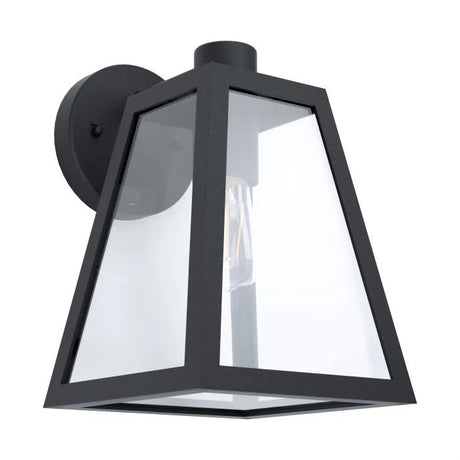 Black outdoor wall light fixture Eglo MIRANDOLA Modern Minimalist Design with clear glass on a white background