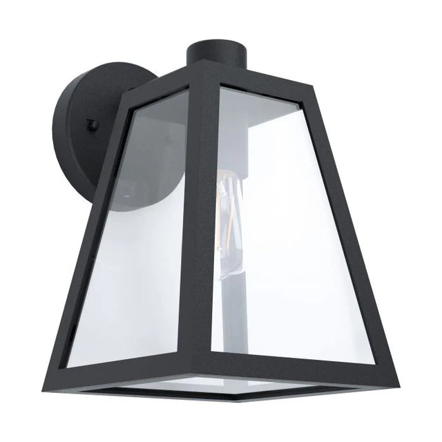 Black outdoor wall light fixture Eglo MIRANDOLA Modern Minimalist Design with clear glass on a white background