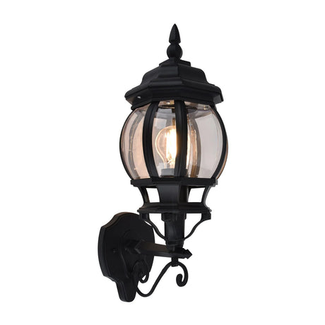 Black outdoor wall light Havit HV3673W Trener black aluminium wall light fixture with clear glass shade on a white background.