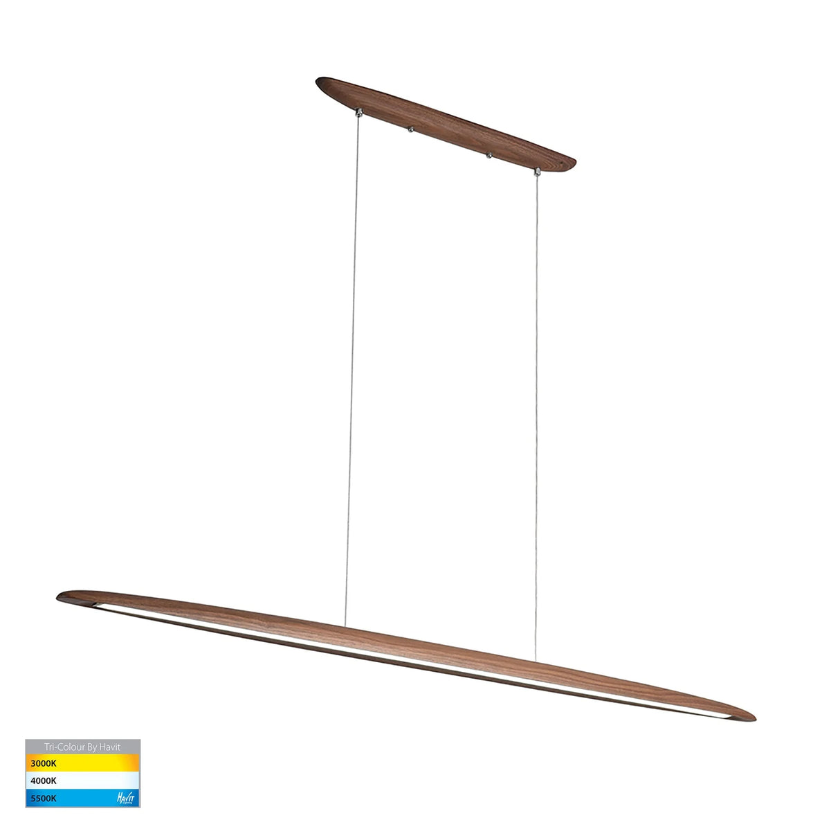 Wooden  annd Tri‑colour LED lighting in Havit HV6012T linear pendant showing 3000K‑5500K pendant light fixture on a white background.