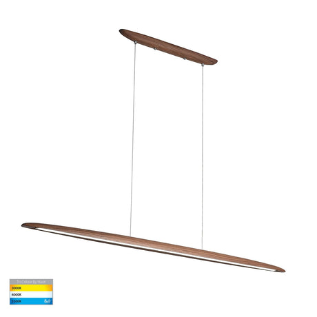 Wooden  annd Tri‑colour LED lighting in Havit HV6012T linear pendant showing 3000K‑5500K pendant light fixture on a white background.