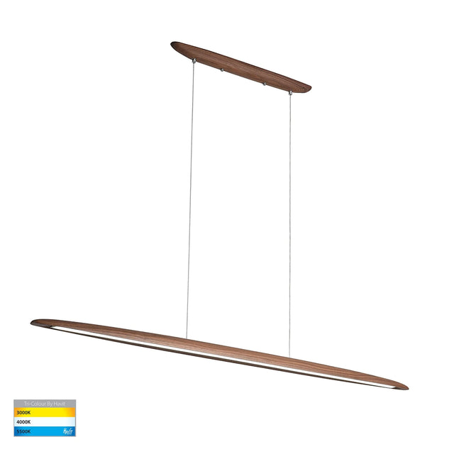 Wooden  annd Tri‑colour LED lighting in Havit HV6012T linear pendant showing 3000K‑5500K pendant light fixture on a white background.