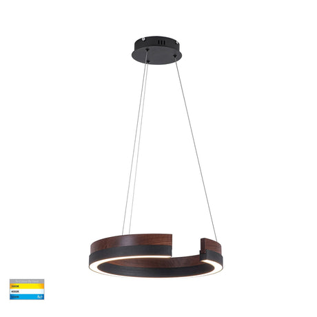 Modern Havit HV6092T Orah 600mm round walnut timber and black aluminium pendant light with wooden finish on a white background.