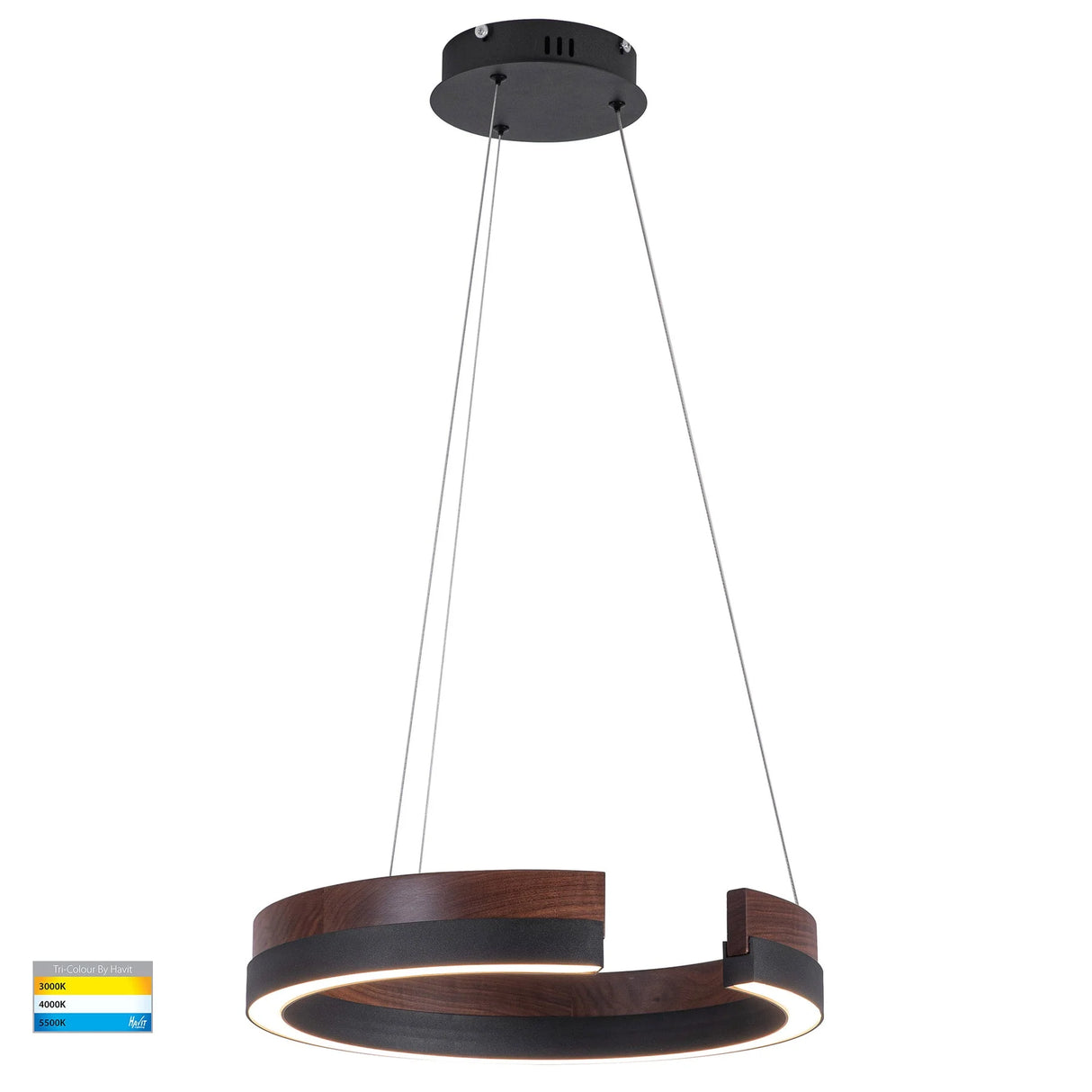 Modern Havit HV6094T Orah walnut timber and black aluminium 800mm round pendant light pendant light with wooden and black design on a white background.