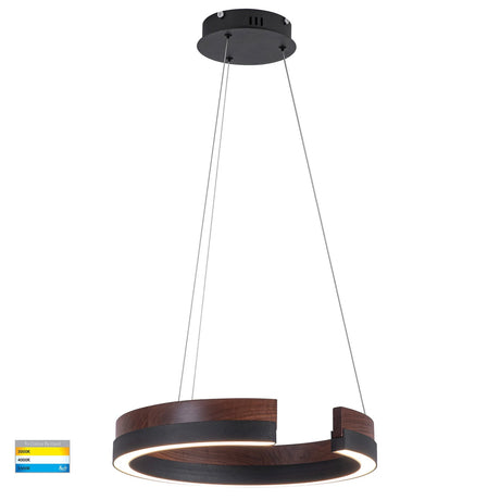 Modern Havit HV6094T Orah walnut timber and black aluminium 800mm round pendant light pendant light with wooden and black design on a white background.