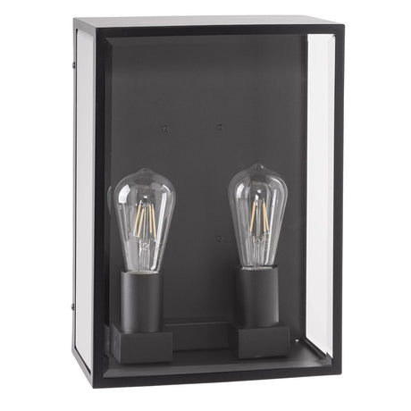 Havit HV36592W wall fixture coastal stainless steel black two vintage-style light bulbs in a black metal and glass display case on a white background.