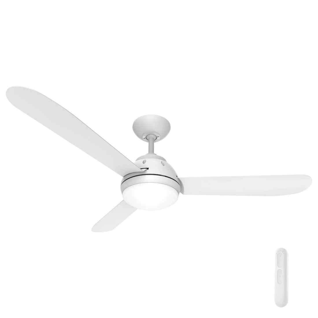White Energy-efficient ceiling fan with integrated LED light for modern interiors on a white background