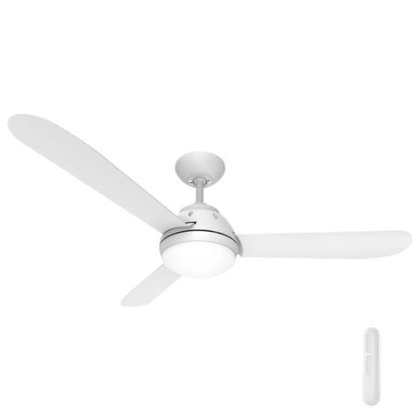 White Energy-efficient ceiling fan with integrated LED light for modern interiors on a white background