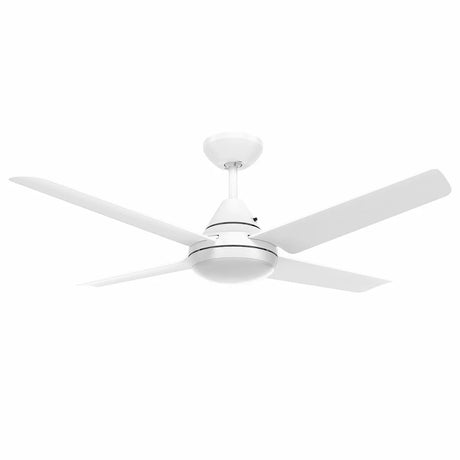 White Mercator Cardinia 122cm AC ceiling fan with integrated LED light  a white background