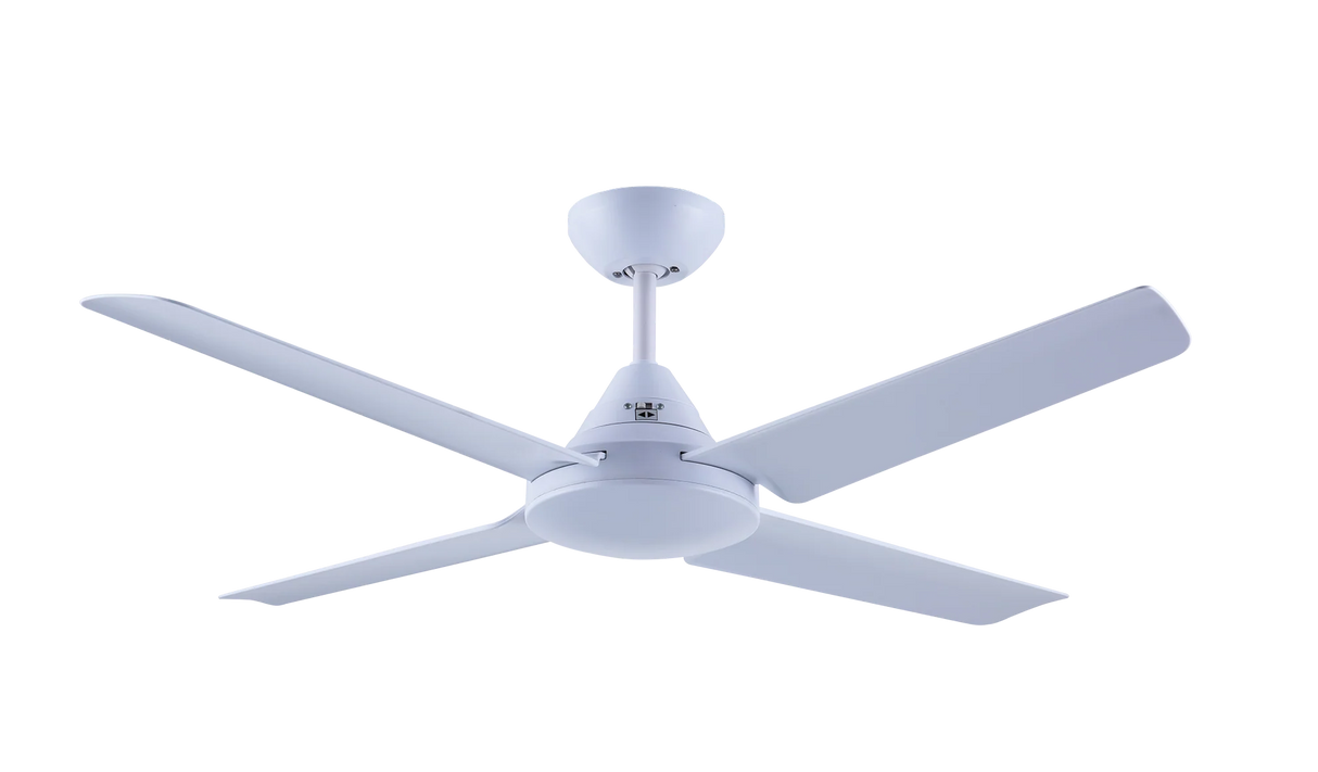 Mercator Cardinia 122cm AC ceiling fan with modern white finish and white blades on a white background