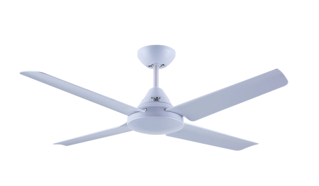Mercator Cardinia 122cm AC ceiling fan with modern white finish and white blades on a white background