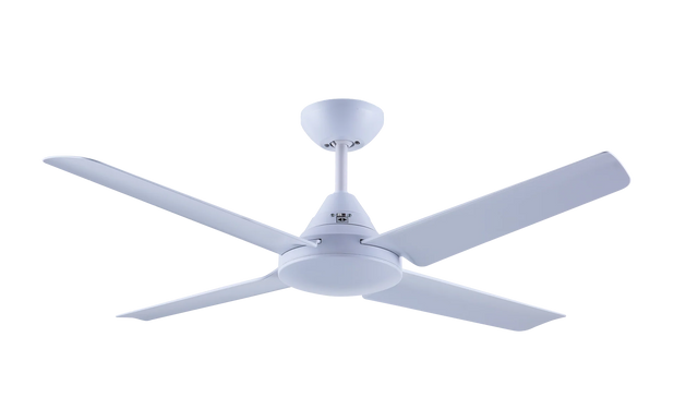 Mercator Cardinia 122cm AC ceiling fan with modern white finish and white blades on a white background