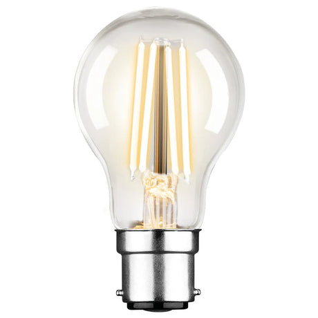 Mercator Classic A60 7.5W B22 LED filament globe with visible filaments on a white background