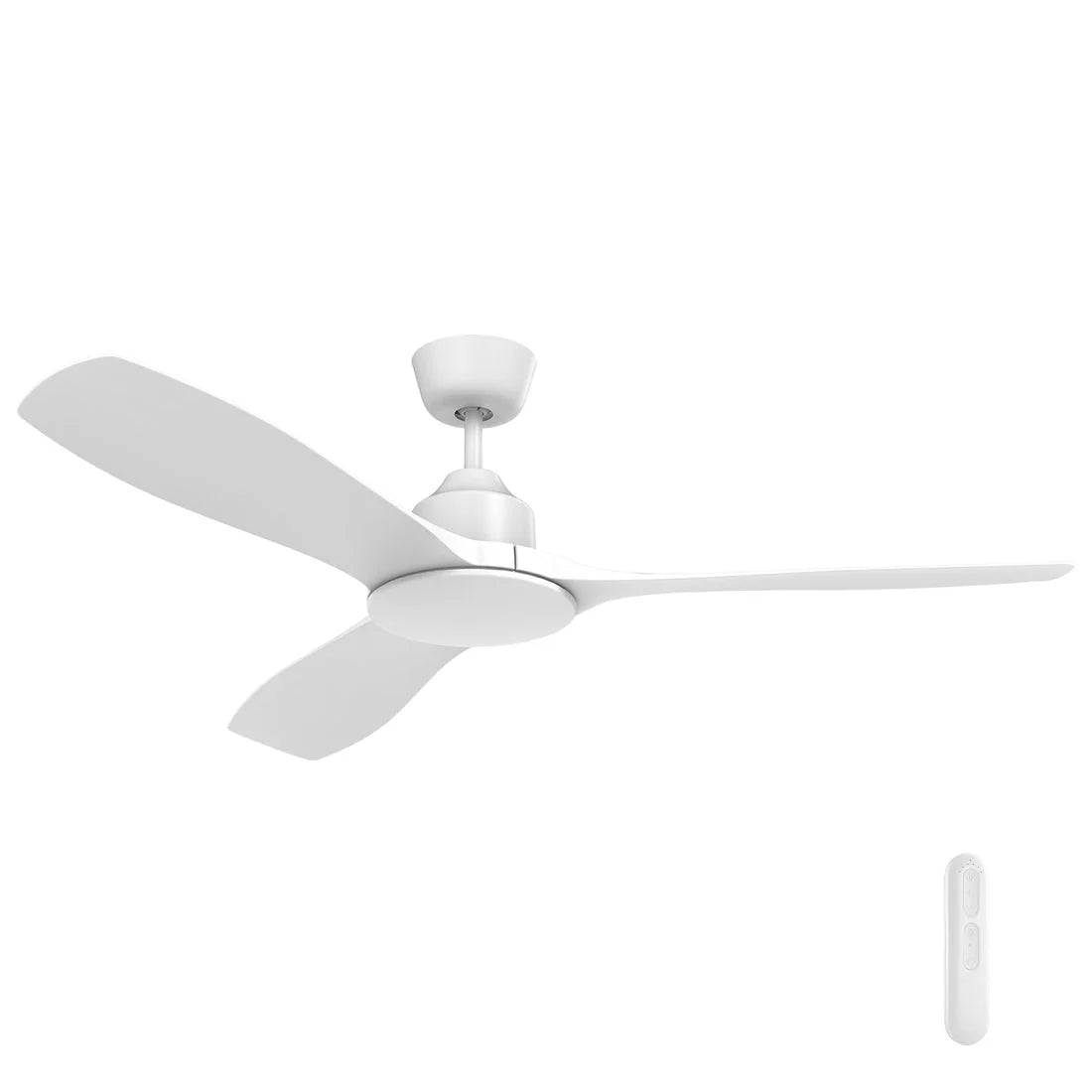 White ceiling fan with remote control on a white background