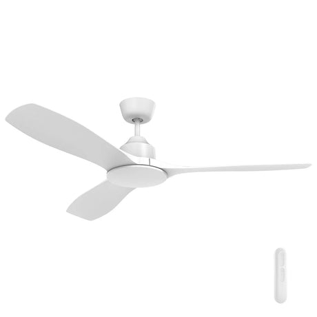 White ceiling fan with remote control on a white background