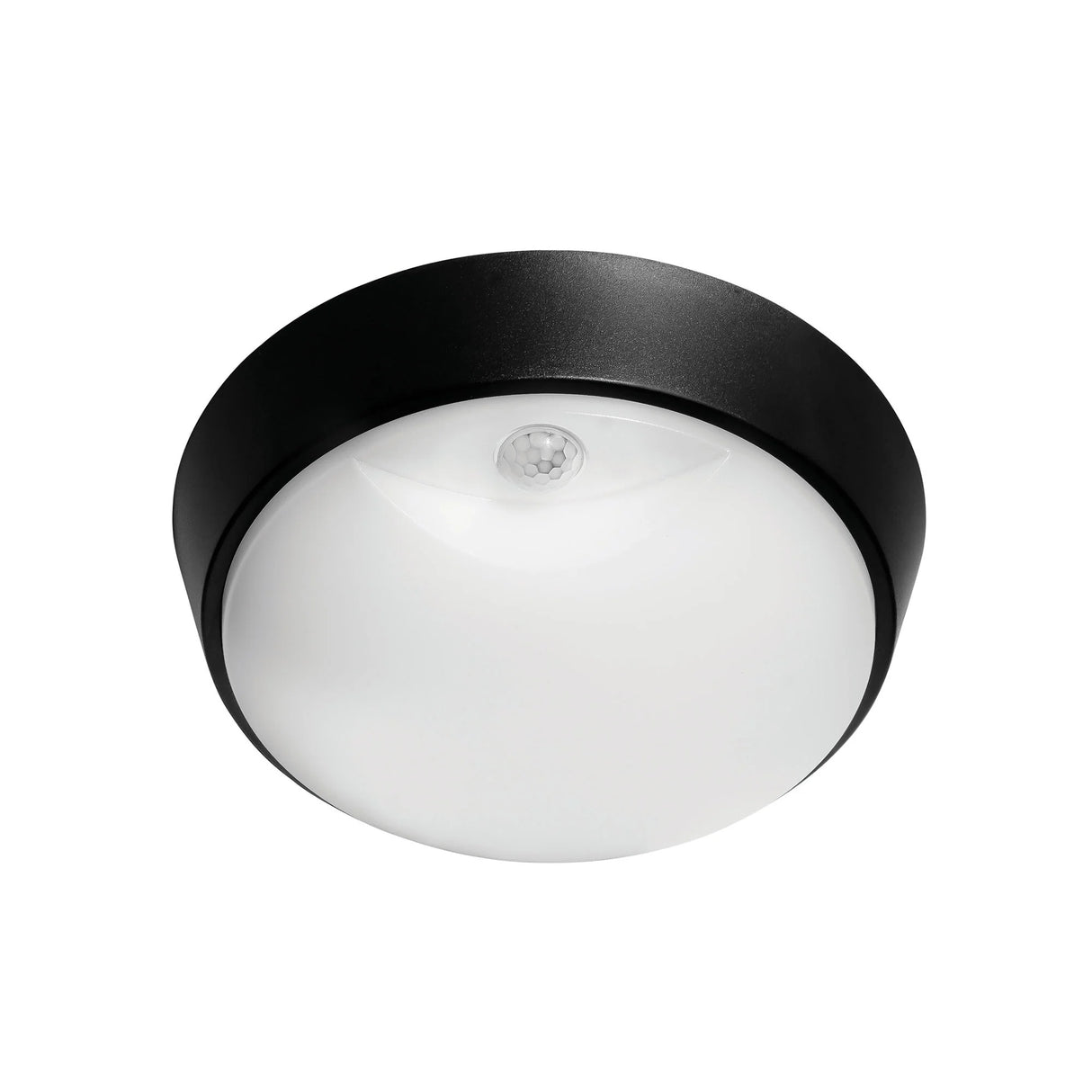Ceiling Lights Mercator Fletcher II round LED bunker light with motion sensor with black rim and white glass on a white background