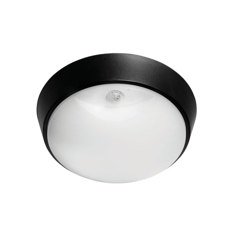 Ceiling Lights Mercator Fletcher II round LED bunker light with motion sensor with black rim and white glass on a white background