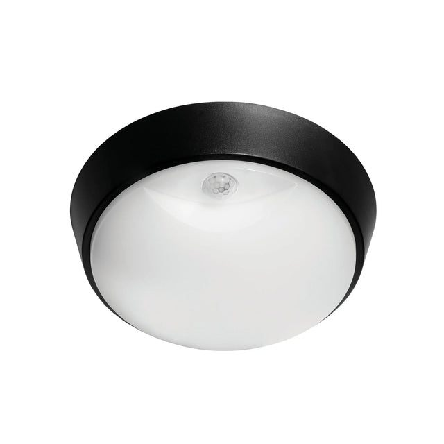 Ceiling Lights Mercator Fletcher II round LED bunker light with motion sensor with black rim and white glass on a white background