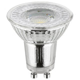 Mercator GU10 warm white dimmable glass LED globe with a clear glass cover on a white background