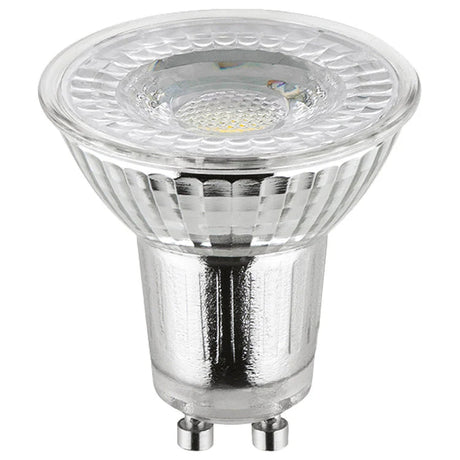 Mercator GU10 warm white dimmable glass LED globe with a clear glass cover on a white background