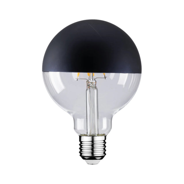 Clear Mercator Half Black G95 and G125 Filament Globe for decorative lighting with black top on a white background