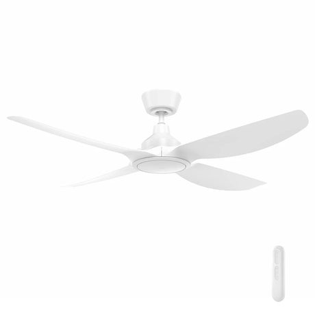 White Mercator Jota 4B 132cm DC ceiling fan with LED light and three blades on a white background