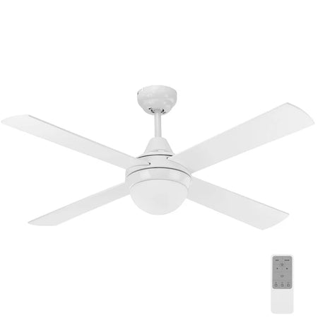 White Mercator Lonsdale 120cm AC ceiling fan with light and remote with remote control on a white background