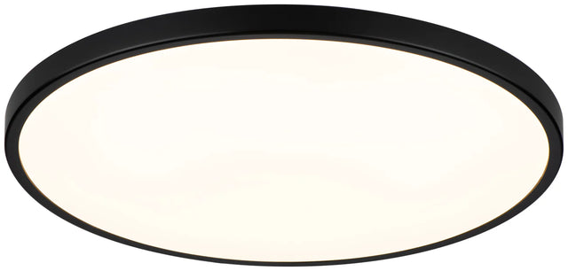 Round Mercator Millan integrated LED ceiling light fixture with black frame on a white background