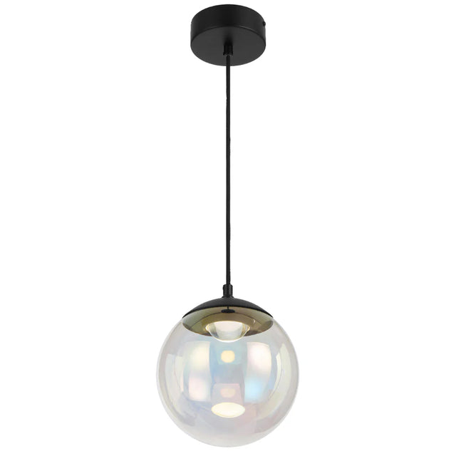 Black Telbix Aurora 20 cm pendant with rainbow glass sphere, suspended for modern ambient lighting.