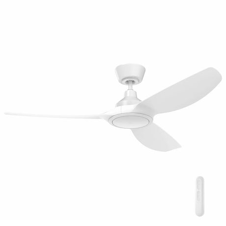White ceiling fan with remote control on a white background