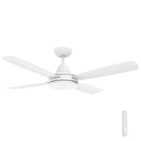 White Quiet and compact DC ceiling fan ideal for bedrooms and small spaces with remote control on a white background
