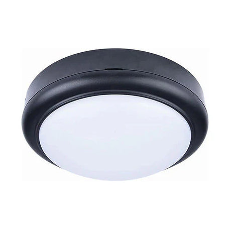 Black round Weather proof round LED bunker ceiling light fixture for outdoor use on a white background