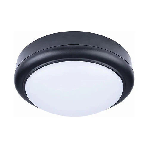 Black round Weather proof round LED bunker ceiling light fixture for outdoor use on a white background