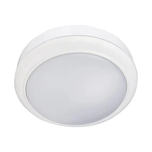 Round white ceiling light fixture on a white background