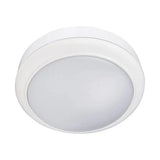 Round white ceiling light fixture on a white background