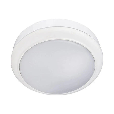 Round white ceiling light fixture on a white background